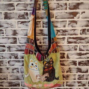 Unique Patchwork Tote Bag White Black Kitty Cats Colorful Boho